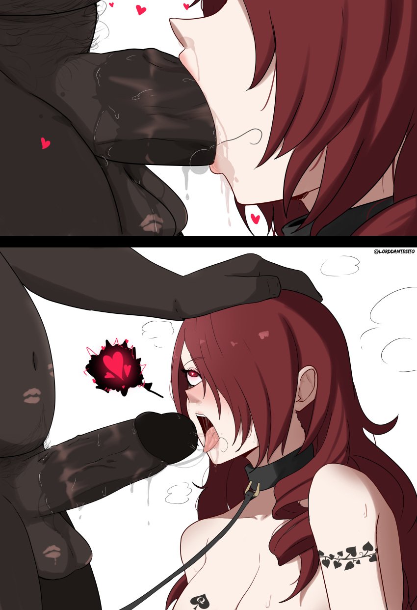 ahe_gao atlus big_breasts big_penis blacked blowjob collar cuckold dark-skinned_male dominant_male fat_man hand_on_head heart heart-shaped_pupils interracial leash lipstick_on_balls lipstick_on_penis lord_dante makeup_running mitsuru_kirijo netorare ntr persona persona_3 pubic_hair qos qos_tattoo red_eyes red_hair saliva saliva_drip submissive_female tattoo ugly_bastard