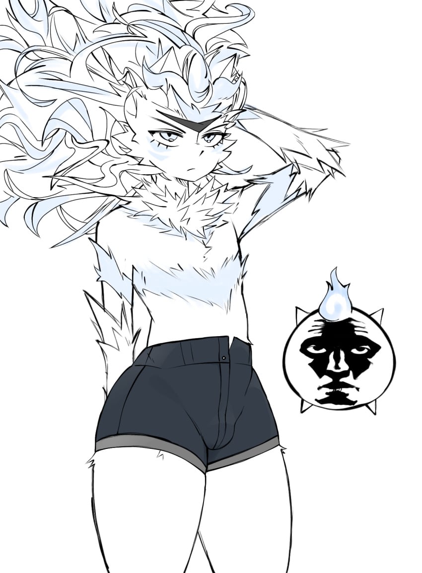 1boy 2024 annoyed anthro asfro basic_cat blue_body blue_eyes blue_fur blue_hair booty_shorts bulge bulge_through_clothing closed_mouth curvy curvy_figure digital_media_(artwork) eyebrows eyelashes face_markings felid feline felis femboy fire fluffy fur furry hand_behind_ass hand_behind_head hi_res humanoid king_of_destiny_phonoa long_hair male male_focus markings markings_(fur) messy_hair neck_tuft reaction_image resting_bitch_face shorts simple_background solo solo_male the_battle_cats thick_thighs uberfest_(the_battle_cats) white_body white_fur white_hair