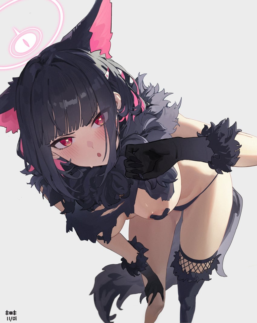 animal_ears areola_slip artist_request blue_archive blunt_bangs blush breasts female gloves halo heart-shaped_pupils hi_res kazusa_(blue_archive) kazusa_(halloween)_(blue_archive) looking_at_viewer panties pasties tail topless wolf_costume wolf_ears wolf_tail