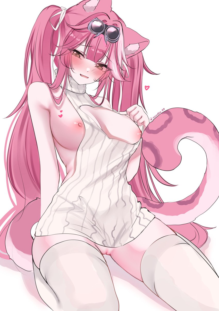 alternate_costume animal_ear_fluff animal_ears areolae bangs bare_shoulders blush breasts cat_ears cat_tail eyebrows_visible_through_hair eyewear_on_head female hairbow heart large_breasts long_hair looking_at_viewer nipples open_mouth pink_eyes pink_hair pussy raora_panthera sidelocks simple_background sitting sleeveless smile solo striped sunglasses sweater tail thighhighs thighs turtleneck turtleneck_sweater twintails very_long_hair wariza white_background