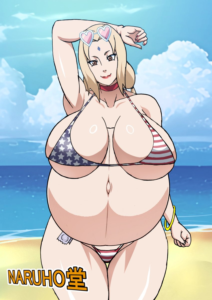 1girls american_flag_bikini armpits beach big_breasts bikini blonde_hair blonde_hair_female brown_eyes cleavage condom condom_belt edit female female_only gilf hokage huge_breasts hyper_belly massive_belly milf naruho naruto naruto_(series) naruto_shippuden pale_blonde_hair pregnant pregnant_older_female skimpy_bikini tagme tsunade