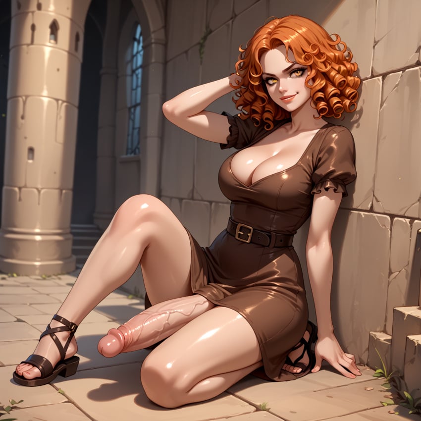 1girls against_wall ai_generated big_breasts brown_dress castle conniexx curly_hair dickgirl evil_grin female futanari hi_res high_resolution highres large_breasts large_penis medieval orange_hair penis pony_diffusion_xl sandals sitting stable_diffusion thick_thighs veiny_penis