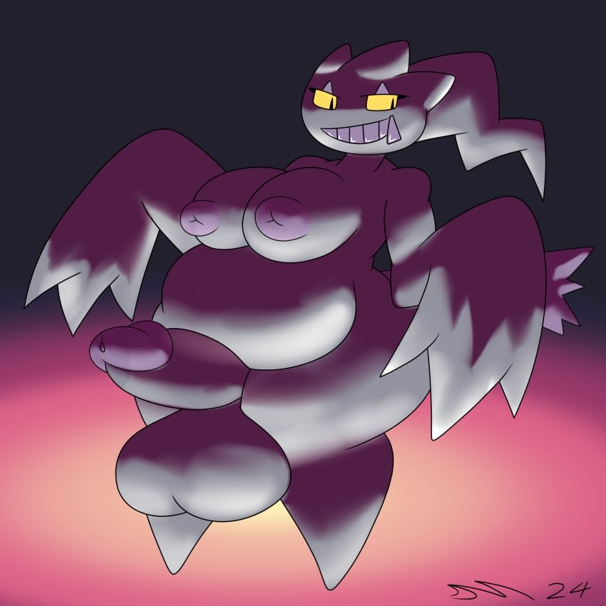 absurd_res anthro banette big_breasts blue_body breasts dirtymac generation_3_pokemon genitals hi_res hybrid hyper hyper_genitalia nintendo pokemon pokemon_(species) yellow_eyes