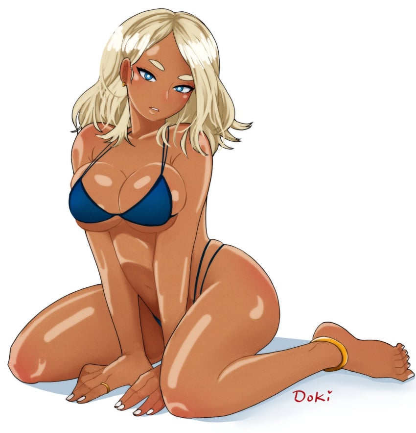 anklet big_breasts bikini blonde_hair dark-skinned_female dokidokicat kneeling looking_at_viewer meryl_(mha) oiled oiled_body oiled_skin on_knees purple_bikini signature swimsuit thick_eyebrows thick_thighs wariza white_background