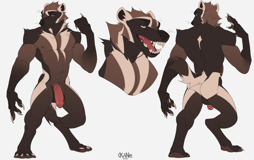 anthro ass balls brown_body brown_fur claws digitigrade erection foreskin fur genitals hi_res humanoid_genitalia humanoid_penis kodashi male male_only mammal mustelid musteline nude open_mouth penis sharp_teeth solo standing teeth uncut wolverine