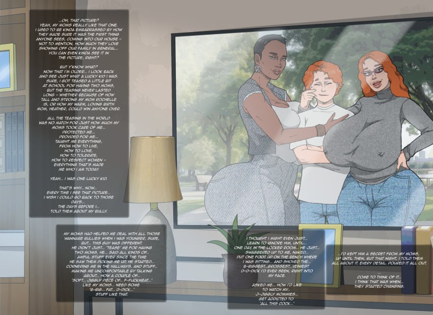 1boy 2girls big_ass big_breasts contingency dark-skinned_female ginger_hair orange_hair text text_box