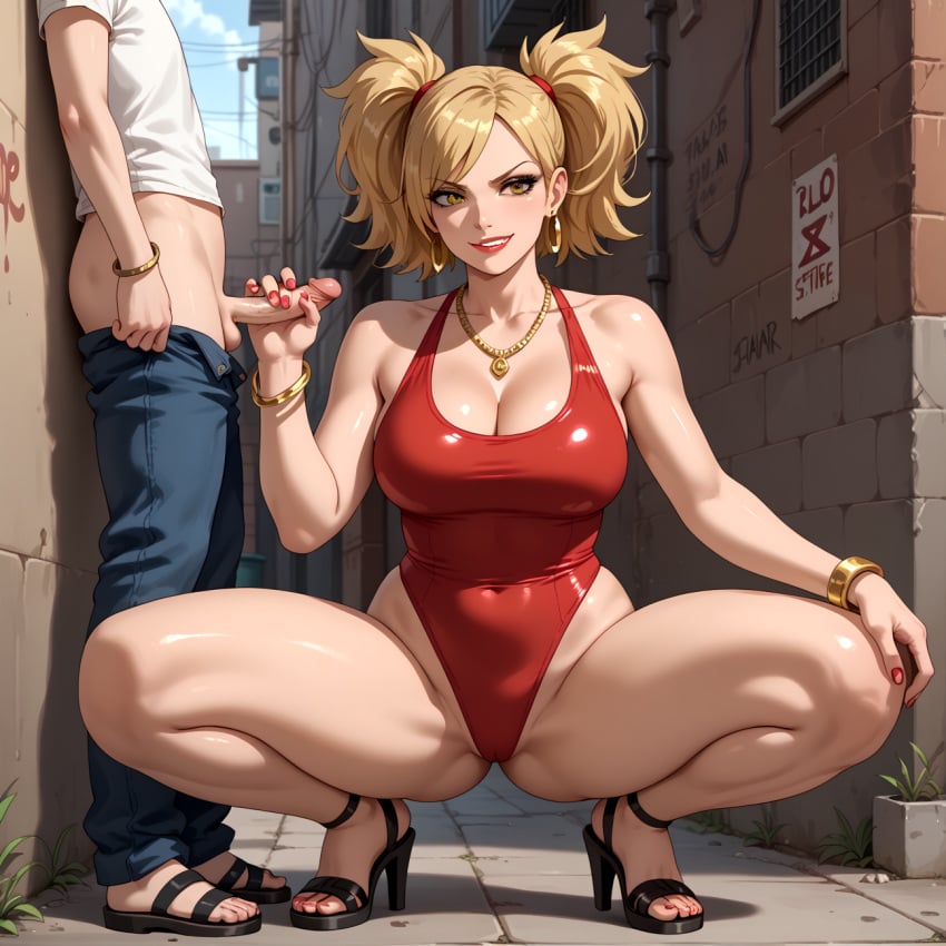 1girls ai_generated big_breasts blonde_hair boruto:_naruto_next_generations conniexx dominant_female domination evil_grin evil_smile female hand_on_penis heels hi_res high_resolution highres holding_penis jerkingoff large_breasts mature_female mommy naruto naruto_(series) pony_diffusion_xl stable_diffusion swimsuit temari thick_thighs twintails