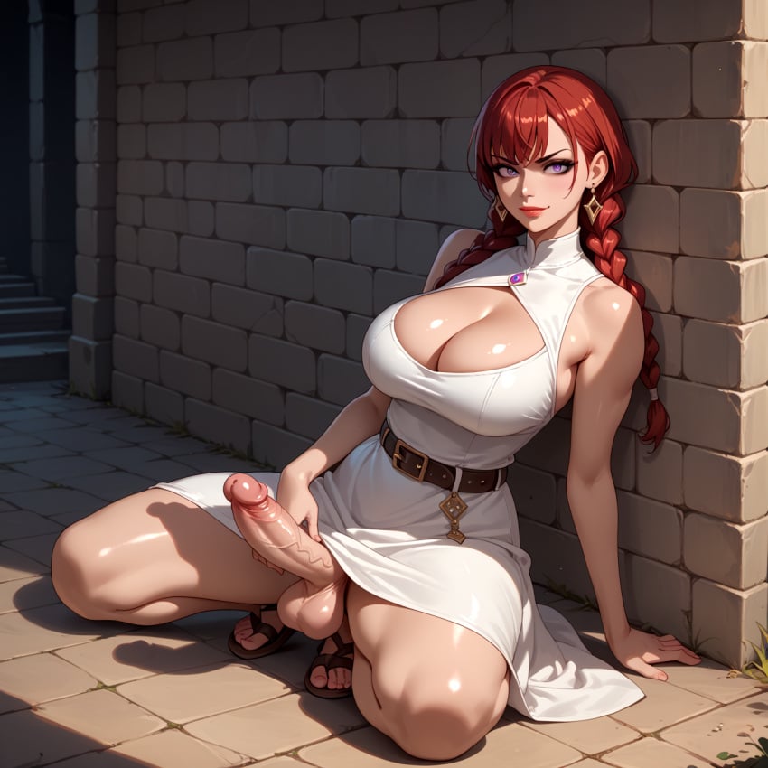 1girls against_wall ai_generated belt big_breasts braided_hair castle conniexx dickgirl evil_grin female futanari hi_res high_resolution highres large_breasts large_penis medieval penis pony_diffusion_xl purple_eyes red_eyes red_hair sandals sitting stable_diffusion thick_thighs veiny_penis white_dress