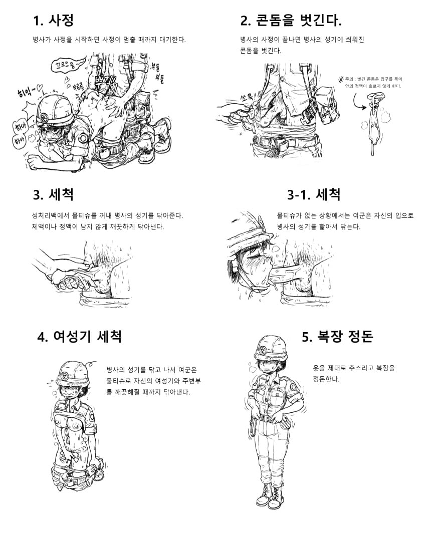 balls condom condom_on_penis female_soldier gogocherry infographic informative instructions korean_language korean_text manual monochrome nipples penis questionable_consent sex_slave straight straight_sex testicles translation_request uniform used_condom