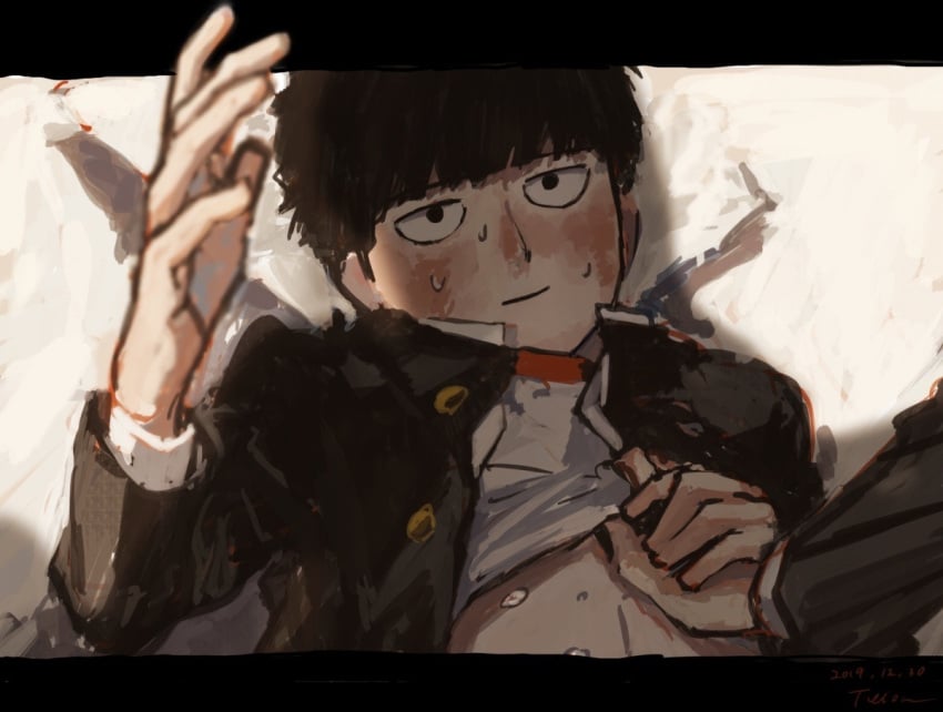 1boy blush cum_on_body hand_holding hand_under_clothes lying_on_back mob_psycho_100 offscreen_character partially_clothed shigeo_kageyama shirt_lift sweat