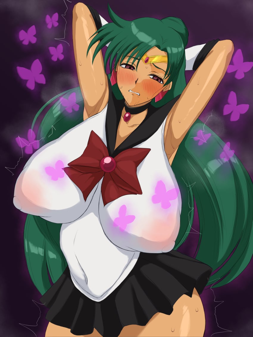 areola_slip armpits arms_behind_head arms_up bad_tag bishoujo_senshi_sailor_moon black_choker blush bow breasts bug butterfly choker commission dark-skinned_female dark_skin earrings embarrassed female_focus gloves green_hair hair_bun huge_breasts insects jewelry large_breasts long_hair magical_girl meiou_setsuna milkcarton_man miniskirt nipples puffy_areolae purple_eyes restrained sailor_collar sailor_moon_(series) sailor_pluto sailor_senshi_uniform setsuna_meiou single_hair_bun skeb_commission skirt sweat thick_thighs thighs tiara trembling very_long_hair white_gloves