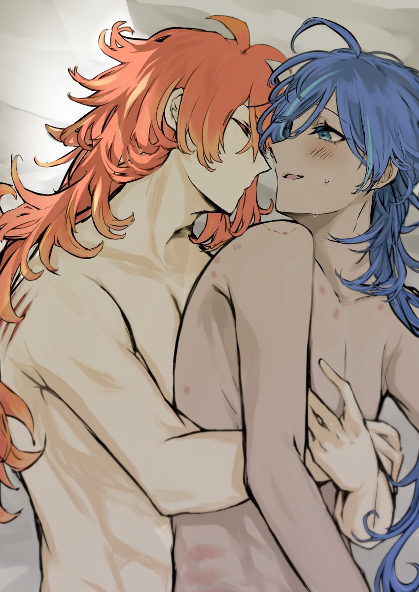 2boys bite bite_mark blue_eyes blue_hair blush brocon brothers closed_eyes diluc_(genshin_impact) genshin_impact hickey hickey_marks hugging hugging_from_behind implied_sex incest kaeya_(genshin_impact) kiss_from_behind pale_skin pseudo_incest red_hair sworn_brothers tanned_skin