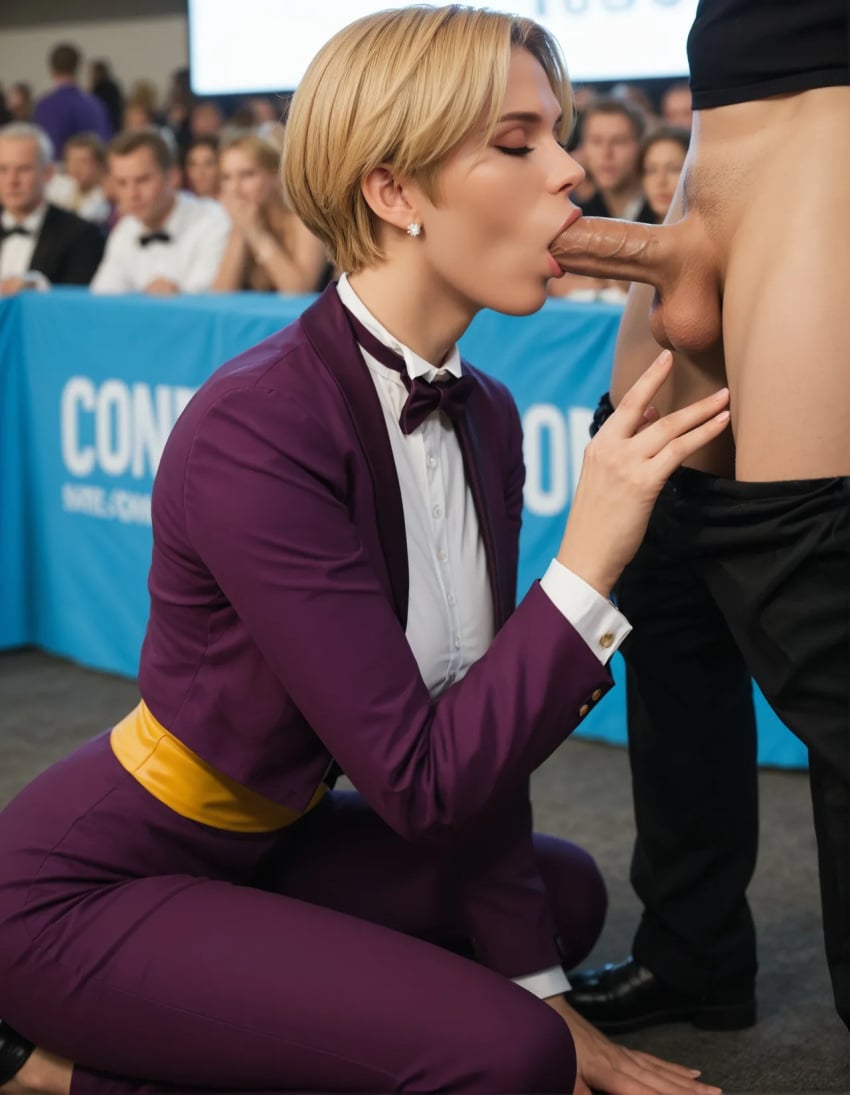 1girls ai_generated big_ass big_breasts big_penis blonde_hair blowjob bow bowtie busty classy closed_eyes clothed cock cock_out convention cosplay dick_out earrings elegant fellatio female giving_head grabbing_penis hard_cock horny huge_cock inviting king_(snk) king_of_fighters kneeling light-skinned_female light_skin long_sleeves on_knees oral outdoors outside pants pants_down penis pov public pulling_down_pants purple_clothing purple_pants seducing seduction seductive seductive_look shoes short_hair standing sucking suit thick thick_thighs thighs voluptuous voluptuous_female white_shirt wide_hips