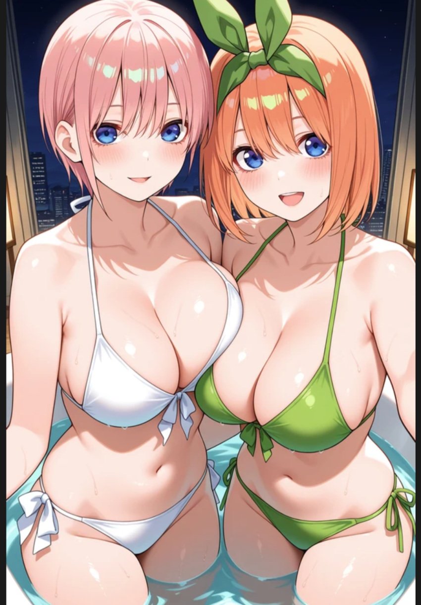 ai_generated bikini blue_eyes blush cleavage go-toubun_no_hanayome large_breasts nakano_ichika nakano_yotsuba orange_hair pink_hair sisters sweat