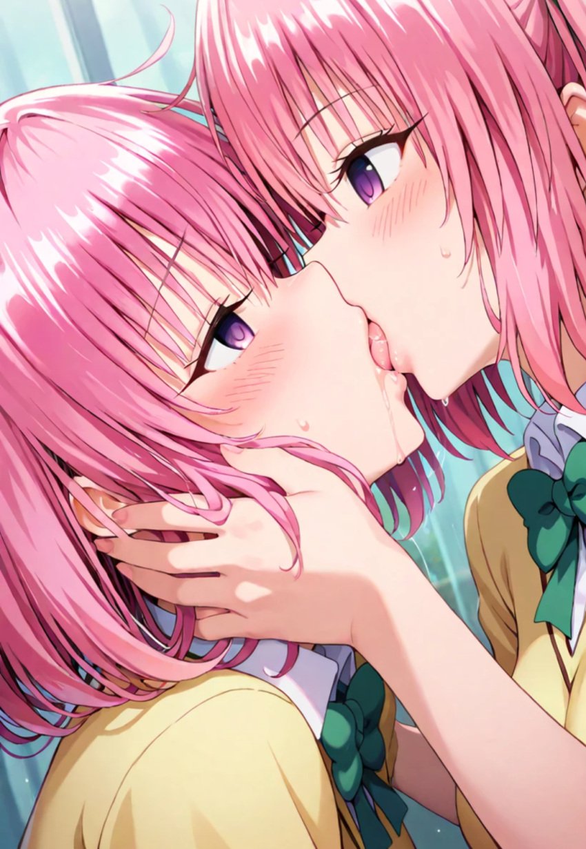 ai_generated drooling french_kiss head_grab incest kissing making_out momo_velia_deviluke nana_asta_deviluke open_mouth pink_hair purple_eyes saliva sisters sweat to_love-ru tongue yuri