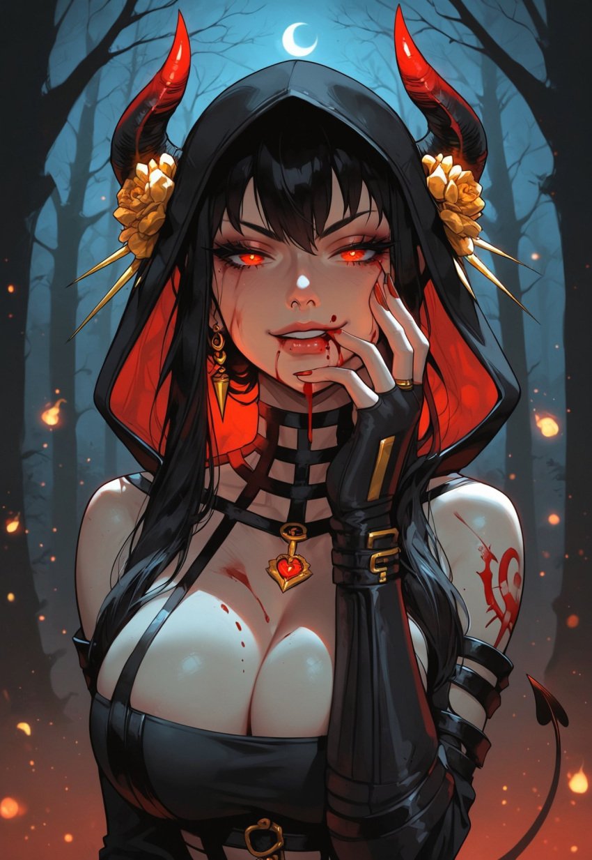 1girls ai_generated big_breasts black_hair blood civitai devil_horns devil_tail horns huge_breasts long_hair moon necklace night red_eyes seductive seductive_look solo spy_x_family stable_diffusion suckeryes tail wings yor_briar yor_forger