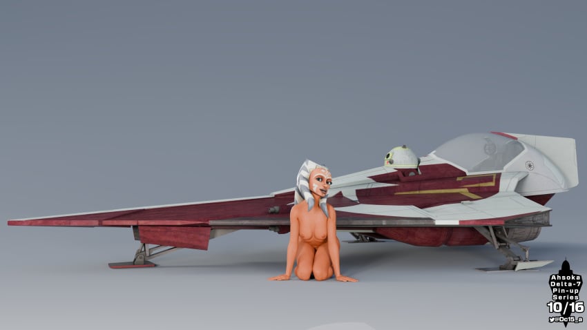 3d ahsoka_tano alien ass astromech_droid breasts clone_wars completely_nude completely_nude_female dc15-a female female_focus jedi jedi_padawan kneeling naked nipples on_floor orange_body orange_skin pinup pinup_(style) pinup_girls pinup_pose simple_background spacecraft spaceship star_wars the_clone_wars:_season_one togruta