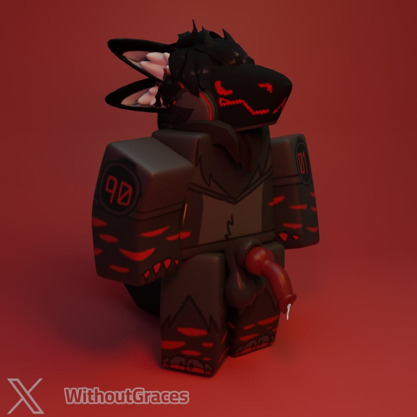 3d 3d_(artwork) 3d_model anthro anthro_only background black_fur blender cum knot male penis presenting protogen red_background roblox robloxian sheath simple_background solo solo_focus solo_male tail withoutgraces