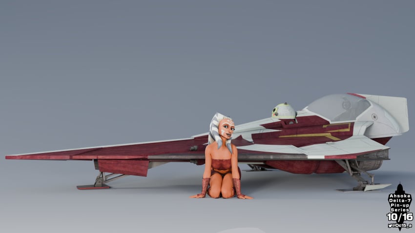 3d ahsoka_tano alien ass astromech_droid clone_wars dc15-a female female_focus jedi jedi_padawan kneeling on_floor orange_body orange_skin pinup pinup_(style) pinup_girls pinup_pose simple_background spacecraft spaceship star_wars the_clone_wars:_season_one togruta