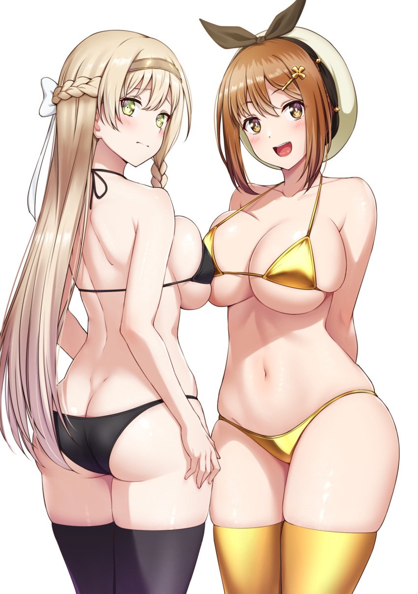 2girls absurd_res absurdres adult adult_female arm_behind_back arms_behind_back ass ass ass_cleavage atelier_(series) atelier_ryza atelier_ryza_1 back back-tie_bikini back-tie_swimwear bare_arms bare_back bare_belly bare_chest bare_hands bare_hips bare_midriff bare_navel bare_shoulders bare_skin bare_thighs belly belly_button beret bikini bikini_bottom bikini_only bikini_top black_bikini black_bikini_bottom black_bikini_only black_bikini_top black_hair_ribbon black_hair_tie black_hairband black_legwear black_ribbon black_stockings black_string_bikini black_swimsuit black_swimwear black_thigh_highs black_thighhighs blonde_eyebrows blonde_female blonde_hair blonde_hair blonde_hair_female blush blush_face blush_lines blushed_face blushing_at_viewer blushing_face blushing_female boobs_pressed braid braided_hair breast_press breast_press_on_chest breast_squeeze breasts breasts_press breasts_pressed_against_another breasts_pressed_against_partner breasts_pressed_together brown_eyebrows brown_eyes brown_eyes_female brown_hair brown_hair_female busty busty_female busty_girl butt_crack butt_crack_outline cleavage collarbone crown_braid curvy curvy_ass curvy_body curvy_female curvy_figure curvy_hips dot_nose elbows embarrassed embarrassed_exposed_female embarrassed_expression embarrassed_female embarrassed_nude_female exposed_arms exposed_ass exposed_back exposed_belly exposed_butt exposed_chest exposed_hips exposed_midriff exposed_navel exposed_shoulders exposed_skin exposed_thighs fair_skin female female_focus female_naked female_only fingernails fingers gold_bikini gold_bikini_bottom gold_bikini_top gold_legwear gold_stockings gold_string_bikini gold_swimsuit gold_swimwear gold_thigh_highs gold_thighhighs green_eyes green_eyes_female groin hair_between_eyes hair_clip hair_clips hair_ornament hair_ornaments hair_ribbon hair_tie hairband hairclip hairclips half_naked half_nude hand_behind_back hands_behind_back hat head_tilt high_resolution highres hourglass_figure klaudia_valentz large_breasts lean_body lean_figure legs legs_closed legs_together legwear light-skined_female light-skinned light-skinned_female light_skin light_skin_female light_skinned light_skinned_female long_hair looking_at_viewer looking_back looking_back_at_viewer mature mature_female mibushiro midriff multiple_females multiple_girls naked naked_female naked_woman narrow_waist navel nervous nervous_expression nervous_face nervous_female nervous_smile nervous_sweat nude nude_female nudity open_mouth open_mouth_smile overknees pale pale-skinned_female pale_skin pale_skinned_female parted_lips partially_naked pressing_breast_on_partner pressing_breasts pressing_breasts_together pushing_breasts_together reisalin_stout ribbon semi_nude shiny_breasts shiny_hair shiny_legs shiny_shoulders shiny_skin shiny_thighs shoulders shy shy_expression shy_smile sideboob sidelocks simple_background slender_body slender_waist slim_girl slim_waist smile smiley_face smiling smiling_at_viewer smooth_skin squeezing_breast squeezing_breasts squeezing_breasts_together standing stockings string_bikini swimsuit swimwear thick_ass thick_thighs thigh_highs thighhighs thighs thin_waist tilted_head tongue underboob upper_body upper_teeth v-line white-skinned_female white_background white_beret white_hair_ribbon white_hair_tie white_hat white_ribbon white_skin white_skinned_female wide_hips