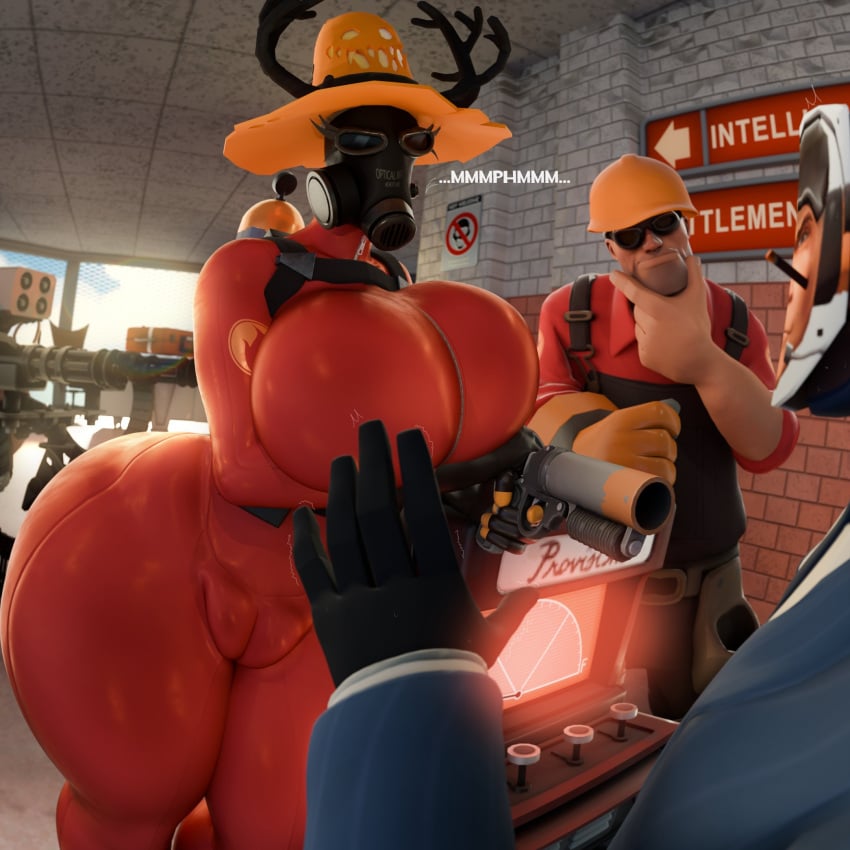 1girl2boys 2020s 2024 3d 3d_(artwork) belt big_ass big_breasts big_thighs bodysuit bottom_heavy breasts busty cameltoe cand3d clothing curvaceous curvy curvy_body curvy_female curvy_figure dispenser_(team_fortress_2) engineer_(team_fortress_2) eyelashes female female_focus fempyro fully_clothed giant_ass gloves hat hi_res highres hourglass_figure huge_ass huge_thighs hyper hyper_ass large_ass large_breasts large_thighs latex latex_gloves latex_suit leaning long_legs looking_at_viewer mask masked pussy pyro red_clothing red_latex round_ass rule_63 sentry_(team_fortress_2) slim_waist spy_(team_fortress_2) suspicious team_fortress_2 thick_thighs thighs valve voluptuous weapon wide_hips