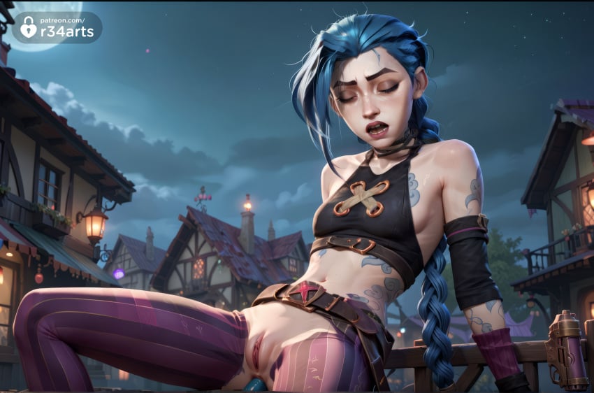 1girls ai_generated anal anal_object_insertion arcane bare_shoulders belt blue_hair braid breasts building closed_eyes crop_top gloves gun hi_res jinx_(league_of_legends) league_of_legends long_hair moon navel netflix night object_insertion open_mouth outdoors pants pussy r34arts riot_games sex_toy sky small_breasts solo stomach_tattoo striped_clothes striped_pants tattoo teeth torn_clothes twin_braids uncensored weapon