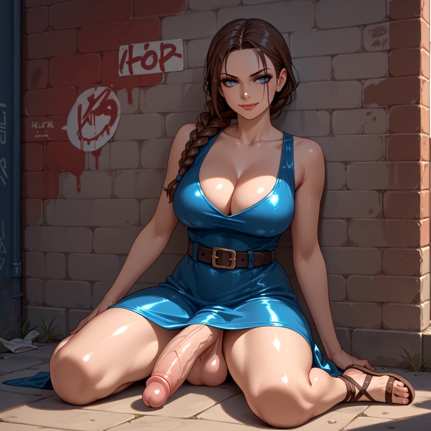 1girls ai_generated big_breasts blue_dress blue_eyes braided_hair brown_hair cleavage conniexx dickgirl female futanari hi_res high_resolution highres large_breasts large_penis legs_apart penis pony_diffusion_xl sandals sitting stable_diffusion thick_thighs veiny_penis