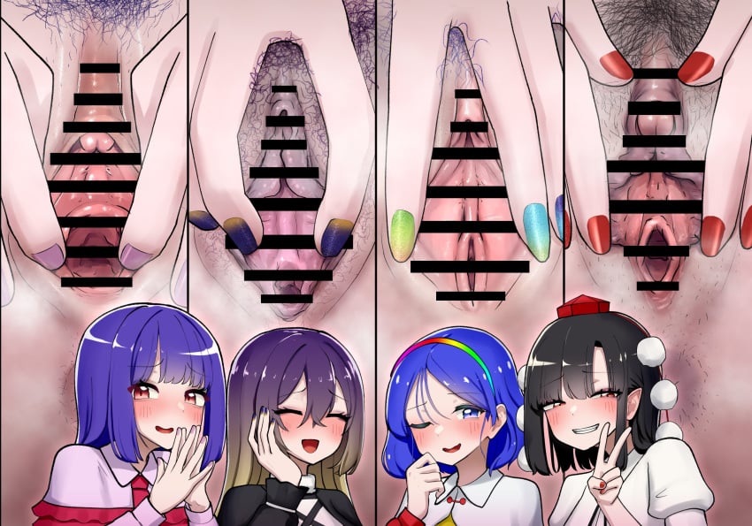 4girls black_hair blue_eyes blue_hair blush censor_bar censored chimata_tenkyuu closed_eyes color colored female female_only goddess hairy hijiri_byakuren iku_nagae light-skinned_female light_skin long_hair pubic_hair purple_hair red_eyes shameimaru_aya short_hair tengu touhou yokai youkai zack_tobako