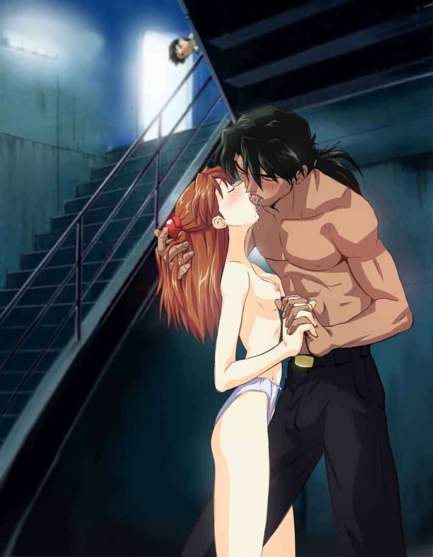 2boys absurdres amondetauro black_footwear closed_eyes female highres holding_hands ikari_shinji kaji_ryouji kissing multiple_boys neon_genesis_evangelion orange_hair panties saliva screenshot_background souryuu_asuka_langley tongue tongue_out underwear