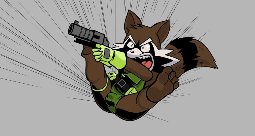 anthro barefoot brown_body bulge clothing feet foot_fetish foot_focus gloves guardians_of_the_galaxy gun handwear hi_res impximon male mammal marvel open_mouth pose procyonid raccoon ranged_weapon rocket_raccoon solo solo_male spread_legs spreading toes weapon