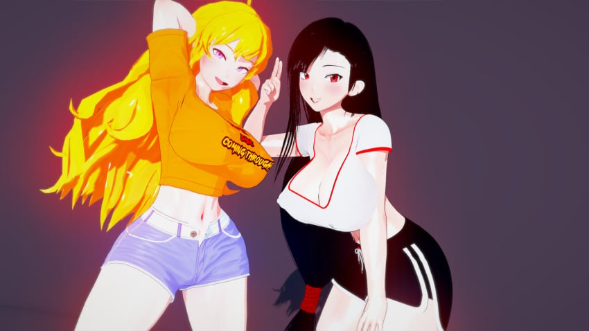 2girls black_hair black_hair_female blonde_female blonde_hair cleavage clothed_female crossover death_battle eastern_and_western_character final_fantasy final_fantasy_vii hands_behind_head long_hair long_hair_female nakadashi_(artist) pose posing purple_eyes red_eyes rwby short_shorts tifa_lockhart yang_xiao_long