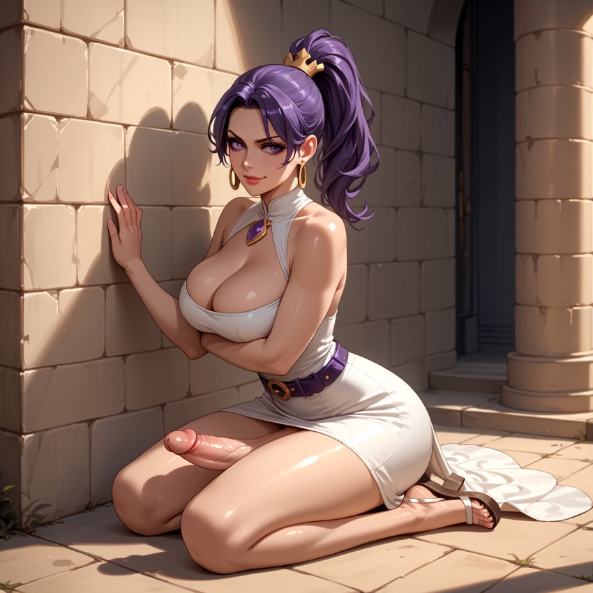 1girls against_wall ai_generated belt big_breasts castle conniexx dickgirl evil_grin female futanari hi_res high_resolution highres large_breasts large_penis medieval penis pony_diffusion_xl ponytail purple_eyes purple_hair sandals sitting stable_diffusion thick_thighs veiny_penis white_dress