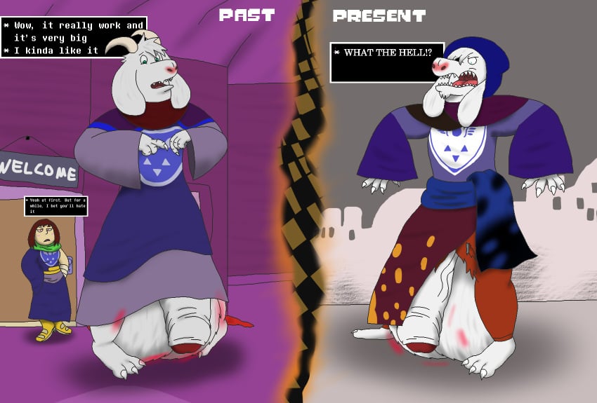 alythewolfcat anthro asriel_dreemurr balls big_balls big_penis boss_monster_(undertale) bovid caprine chara_(undertale) english_text expansion fan_character female genital_expansion genitals goat group hi_res huge_balls huge_cock hyper hyper_balls hyper_genitalia hyper_penis leiras magic male male_only mammal penis text time_paradox trio undertale undertale_(series)