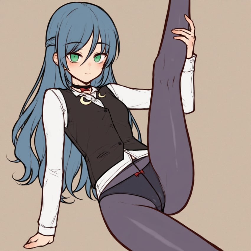 1girls ai_generated black_panties black_vest blue_hair choker green_eyes hand_on_own_leg hotaru_ayonara long_hair looking_at_viewer oc_(osmondai) original original_character panties pantyhose raised_leg sitting smile solo stable_diffusion vest