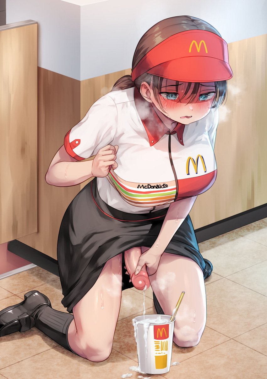 1futa absurdres ayanakitori big_breasts black_footwear black_skirt blue_eyes blush bottomless breasts brown_hair closed_mouth clothed clothing cum cum_in_cup cup decensored disposable_cup drinking_straw employee_uniform erection futa_only futanari futanari_masturbation highres human kneehighs kneeling large_breasts leaning_forward light-skinned_futanari light_skin loafers long_hair low_twintails masturbation mcdonald's miniskirt mostly_clothed on_floor original penis shoes short_sleeves skirt socks solo tears textless_version thighs twintails uncensored visor_cap wing_collar