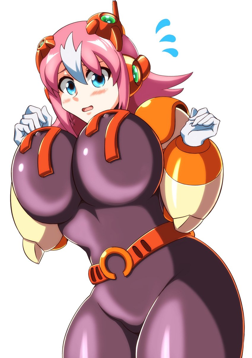 1girls big_breasts black_bodysuit blue_eyes blush bodysuit hands_up kotatuman_dash mega_man mega_man_x nana_(mega_man) pink_hair robot_girl white_background white_gloves