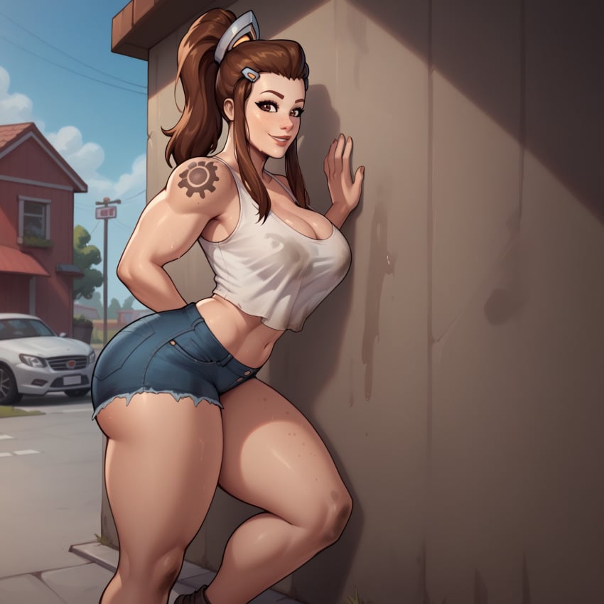 ai_generated brigitte brigitte_lindholm female inky_bias looking_at_viewer overwatch short_shorts solo tattoo thick_ass thick_thighs