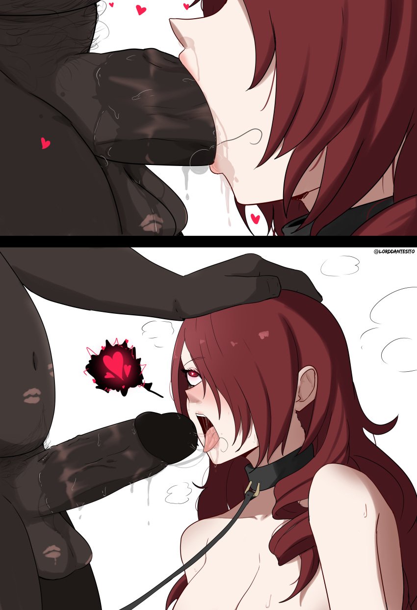 ahe_gao ahe_gao atlus big_breasts big_penis blacked blowjob collar cuckold dark-skinned_male dominant_male fat_man hand_on_head heart heart-shaped_pupils interracial leash lipstick_on_balls lipstick_on_penis lord_dante makeup_running mitsuru_kirijo netorare ntr persona persona_3 pubic_hair red_eyes red_hair red_hair saliva saliva_drip submissive_female ugly_bastard