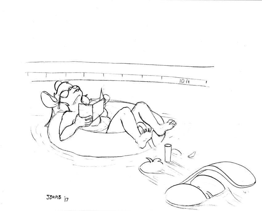 2017 anthro anus ass beaver beverly_(sailoranna) duo eyewear female hi_res inflatable j_hughes mammal mary_(sailoranna) monochrome mouse nude outside partially_submerged pussy rodent snorkel sunbathing sunglasses swimming_pool