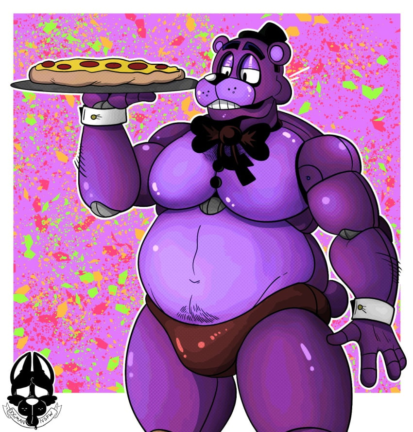 1boy 2021 abstract_background animatronic anthro arm_hair barazoku biceps big_bow_tie big_pecs black_eyes black_nose body_hair border bow_tie bulge clothed clothing dogmanart five_nights_at_freddy's five_nights_at_freddy's_2 food green_background hair half-closed_eyes hat headgear headwear hi_res holding_food holding_object machine male male_only mammal manly mostly_nude multicolored_body musclegut muscular narrowed_eyes navel orange_background pecs pepperoni pepperoni_pizza pizza presenting_bulge purple_background purple_body raised_arm red_background robot round_ears scut_tail shadow_freddy shadow_freddy_(fnaf) short_tail simple_background solo speedo standing stomach_hair swimwear teeth thick_thighs top_hat topless topless_male tray triceps two_tone_body ursid video_games white_border