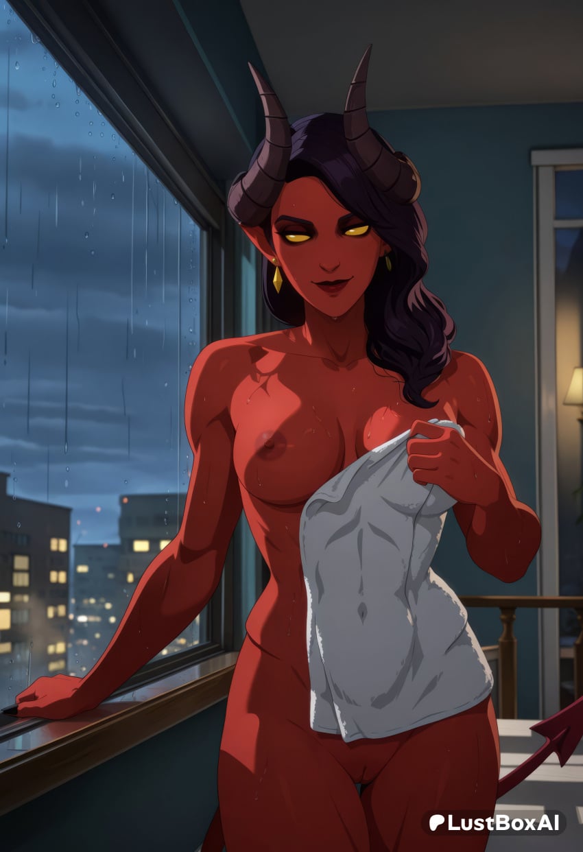 1girls ai_generated artist_name black_hair breasts collarbone colored_sclera colored_skin cowboy_shot demon_girl demon_horns demon_tail dispatch_(game) earrings female_human hi_res holding holding_towel horns indoors jewelry long_hair looking_at_viewer lustboxai malevola_(dispatch) malevola_gibb medium_breasts naked_towel night nipples nude pointy_ears pussy rain red_skin smile solo tail towel uncensored wet window yellow_eyes