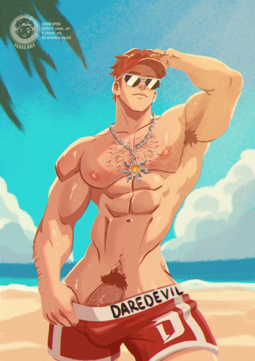 1boy 2026 armpits arms_behind_head beach beach_background beachwear big_arms big_penis blue_sky cap daredevil daredevil_(marvel_rivals) genitals hairy_chest hot male_focus male_only marvel marvel_rivals matt_murdock muscles muscular muscular_male no_visible_genitalia penis penis_out pubes pubic_hair red_clothing sexy_body sexy_pose shorts shorts_down sunglasses superhero tagme tevis_art twitter twitter_link twitter_username veiny_penis yaoi