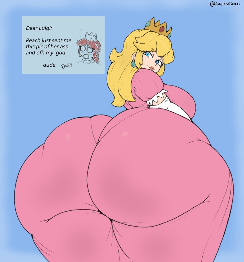 2026 artist_name big_breasts blonde_hair blue_earrings blue_eyes dress female female_only from_behind huge_ass looking_back mario_(series) nintendo pantylines pink_dress princess_daisy princess_peach radionoiseart simple_background super_mario_64 thick_ass thick_thighs tight_clothing white_gloves wide_ass wide_hips