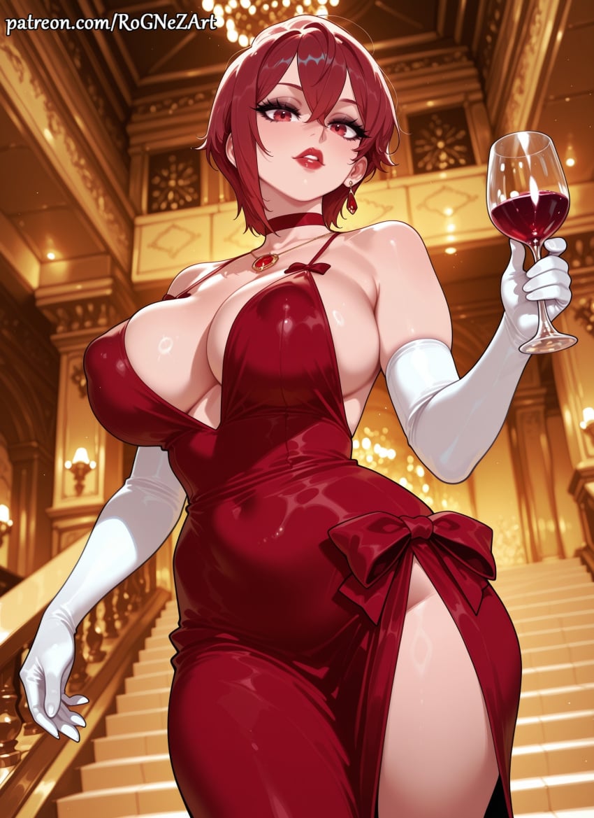 1girl 2026 ai_generated aizawa_tomo alcohol anime bangs bare_shoulders boobs breasts chandelier choker cleavage covered_navel covered_nipples crossover cup dress drinking_glass earrings elbow_gloves eye_contact female female_focus gloves hair_between_eyes handwear highres holding holding_cup huge_breasts indoors inside jewelry large_breasts lips lipstick looking_at_viewer makeup nsfw parted_lips patreon red_choker red_dress red_eyes red_hair red_lips rognezart shiny shiny_skin short_hair side_slit smile smiling solo stairs thick_thighs thighs tomo-chan_wa_onna_no_ko white_gloves wine wine_glass