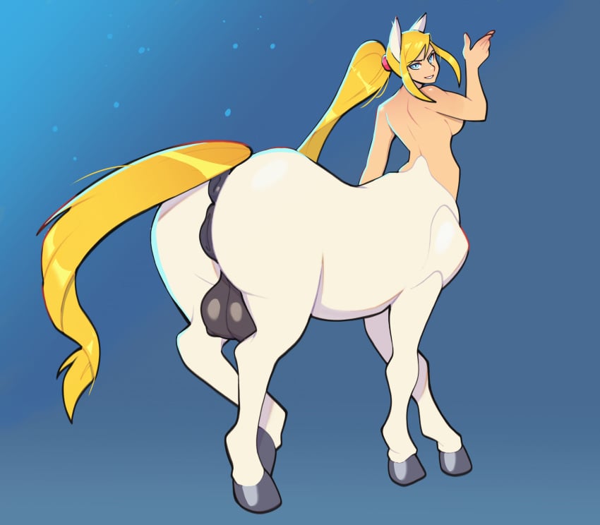 2026 animal_genitalia animal_vulva anus black_teats blonde_hair breasts butt centaur dock_(anatomy) equid equid_taur equine_anus equine_genitalia equine_vulva european_mythology female genitals gesture gradient_background greek_mythology hair hand_gesture hi_res humanoid_taur looking_at_viewer looking_back looking_back_at_viewer mammal mammal_taur metroid mythology nintendo nipples nude puffy_anus raised_tail rear_view samus_aran side_boob simple_background smile smiling_at_viewer smuglady solo tail tail_anus taur taurified teats vulva white_body
