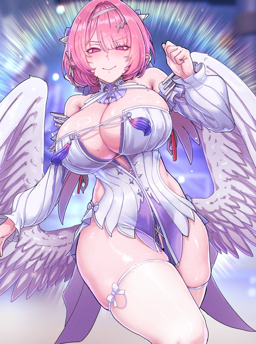 1girl absurdres bare_shoulders breasts cleavage cleavage_cutout clothing_cutout curvy dress ethereal_(zenless_zone_zero) feathered_wings hair_intakes highres horori_(halloweenday309) huge_breasts medium_hair mole mole_on_breast mole_on_chest multiple_moles pink_eyes pink_hair pointy_ears remielle_dan short_hair sideless_dress solo sweatdrop thick_thighs thighhighs thighs white_dress white_thighhighs white_wings wings wolf_cut zenless_zone_zero