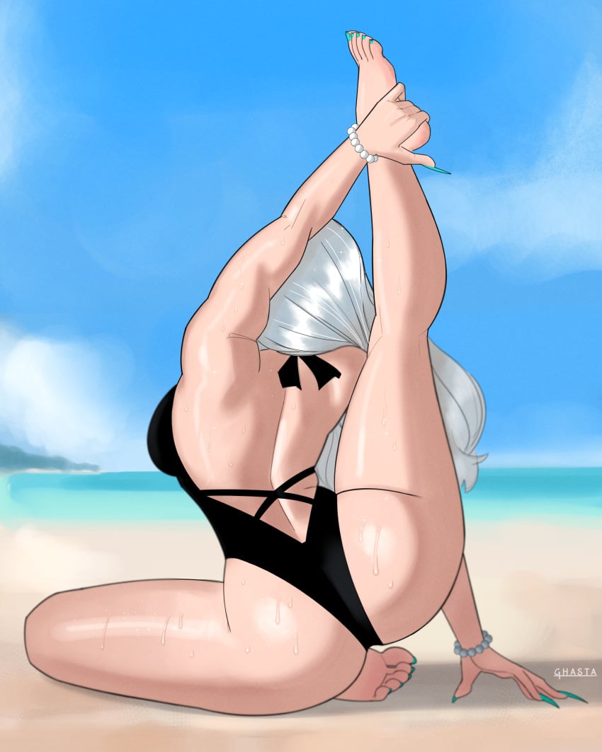 1girls ass ass_focus barefoot beach bikini black_cat_(coastal_cat) black_cat_(marvel) black_cat_(marvel_rivals) feet feet_up felicia_hardy ghasta hi_res high_resolution light-skinned_female marvel_rivals soles solo stretching swimsuit toes yoga