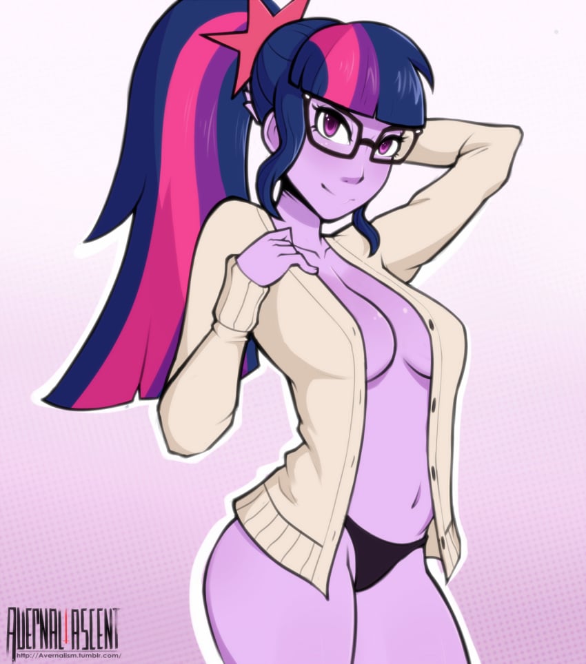 avernalascent black_panties breasts cleavage equestria_girls female friendship_is_magic glasses hasbro my_little_pony open_clothes open_shirt panties sci-twi shirt solo sweater twilight_sparkle_(mlp)