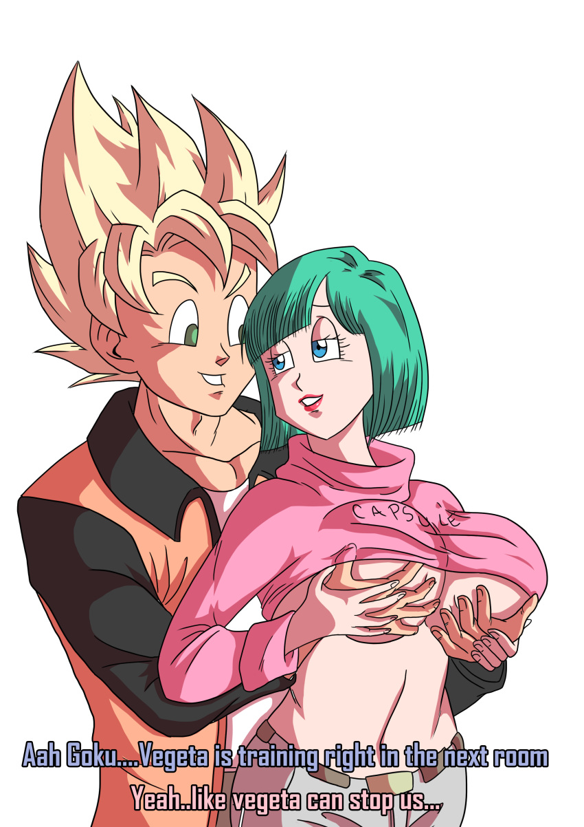 1boy 1girls 2017 big_breasts blonde_hair blue_eyes blue_hair breast_grab breasts bulma_briefs cheating cheating_husband cheating_wife dialogue dragon_ball dragon_ball_z english_text female funsexydragonball human interspecies large_breasts light-skinned_female light-skinned_male light_skin male male_saiyan milf recreator2099 saiyan son_goku super_saiyan text white_background