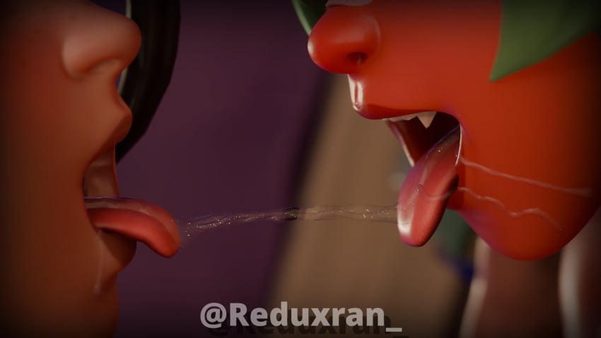 2girls 3d 3d_(artwork) alternate_angle alternate_version_available alternate_view bandage bandage_on_face bandage_on_nose bed bedroom blush bracelet bracelets completely_nude completely_nude_female demon demon_girl demon_horns drooling_into_mouth drooling_on_partner eye_contact female fingerless_gloves fortnite gloves green_hair green_highlights hair hair_ornament hairclip hairclips helsie_(fortnite) looking_down looking_down_at_partner looking_up looking_up_at_partner multicolored_hair nemia_(fortnite) nude nude_female red_highlights red_skin reduxran saliva saliva_string saliva_trail shiny shiny_skin twintails yuri